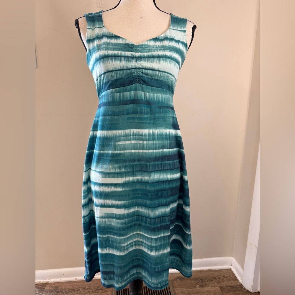 Prana tie dyed striped sleeveless midi dress green white SZ XS